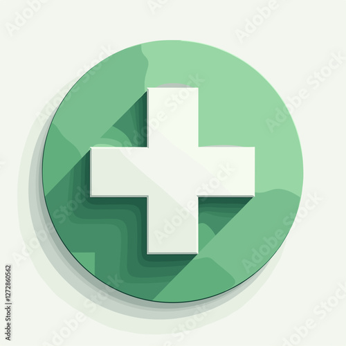 Green medical cross symbol on circular background, health concept photo