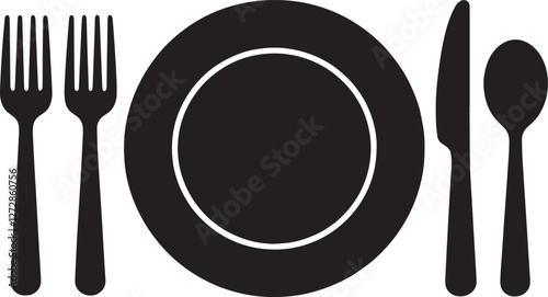 Fork, knife, spoon and plate set icons silhouette vector design