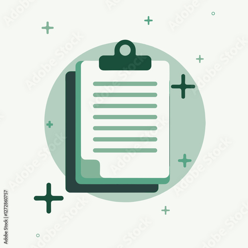 Minimalist clipboard with documents on green background, organization