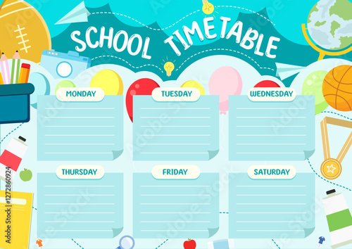 School timetable design. Vector of back to school timetable schedule template.