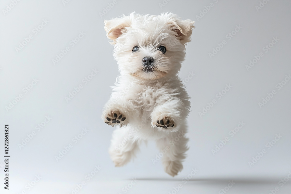 Playful Pure White Maltese Puppy Jumping in Mid-Air Against Light Grey Background, Professional Studio Photography Capturing Action Movement with Sharp Focus Playful Pure White Maltese Puppy Jumping in Mid-Air Against Light Grey Background, Professional Studio Photography Capturing Action Movement with Sharp Focus