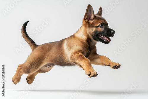 Dynamic Action Shot of German Shepherd Puppy Leaping in Mid-Air, Professional Studio Photography Capturing Athletic Movement and Playful Energy photo