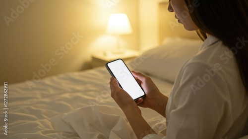 A woman relaxing in bed while using her smartphone at night.