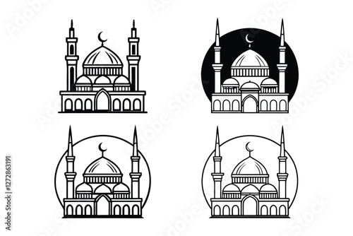 Mosques Silhouettes and line-art versions with domes and minarets