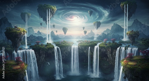 A breathtaking fantasy landscape with floating islands, cascading waterfalls, lush greenery, vibrant flowers, and a glowing spiral sky, creating a mystical and otherworldly atmosphere. photo