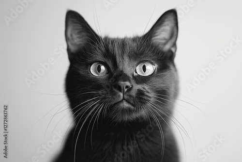 Dramatic Black and White Portrait of Black Cat with Striking Eyes in Professional Studio Setting, Minimalist Fine Art Pet Photography with Sharp Detail and High Contrast photo