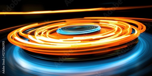 A vibrant, circular design featuring glowing orange and blue lines, creating a dynamic and energetic visual effect.