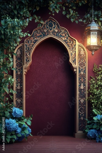 Wallpaper Mural Ramadam Background, Islamic background with a single glowing silver lantern at the side, adorned with blue flowers and green leaves, with an intricately designed arch on a solid deep maroon wall,  Torontodigital.ca