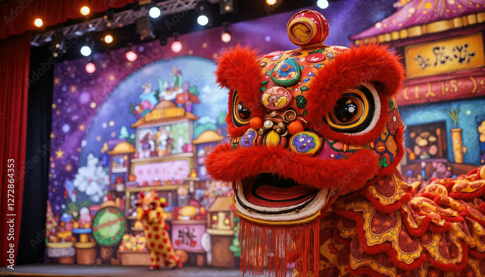 Fototapeta premium Chinese lion dance performance with vibrant decorations