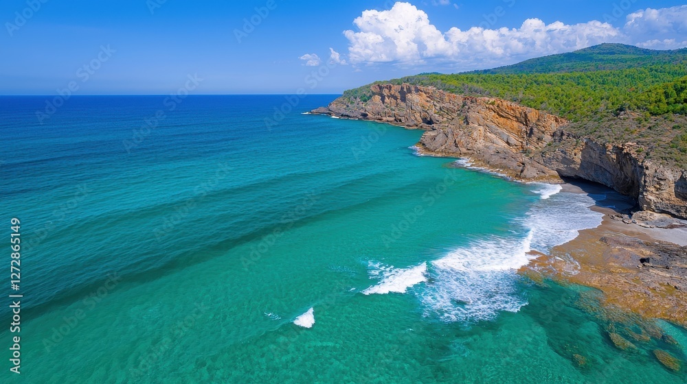 Fototapeta premium Scenic aerial view depicts coastline featuring cliffs forest and turquoise water