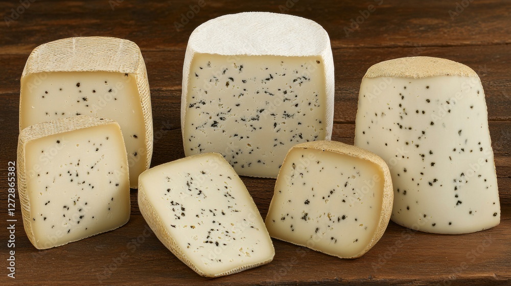 Assorted Variety of Artisanal Cheese on a Rustic Wooden Board Displaying Unique Textures and Colors Assorted Variety of Artisanal Cheese on a Rustic Wooden Board Displaying Unique Textures and Colors