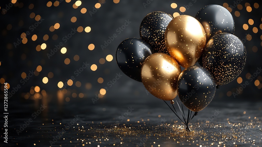 Naklejka premium dark gray background with black,golden balloons,sparkles