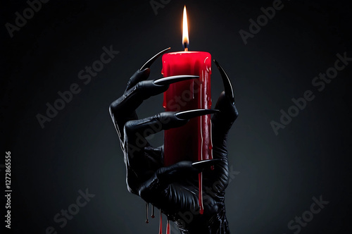 Eerie Black Hand with Sharp Nails Holding a Dripping Red Candle – Sinister Close-Up with Melted Wax, Dramatic Shadows, and a Haunting Glow Creating an Ominous and Gothic Horror Atmosphere