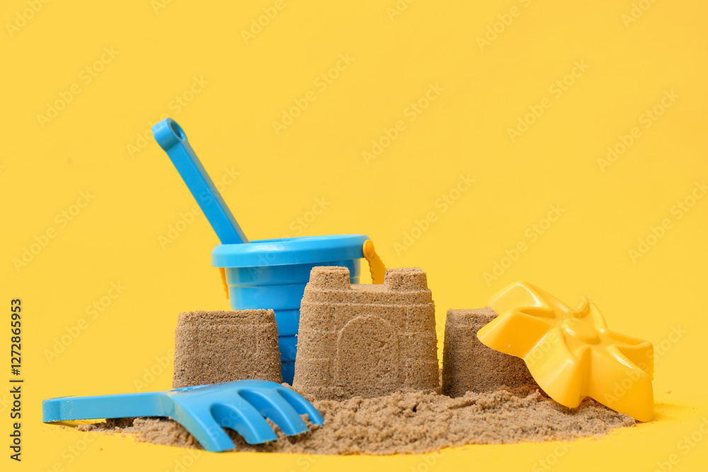 Beautiful sand castle and beach toys on yellow background Beautiful sand castle and beach toys on yellow background