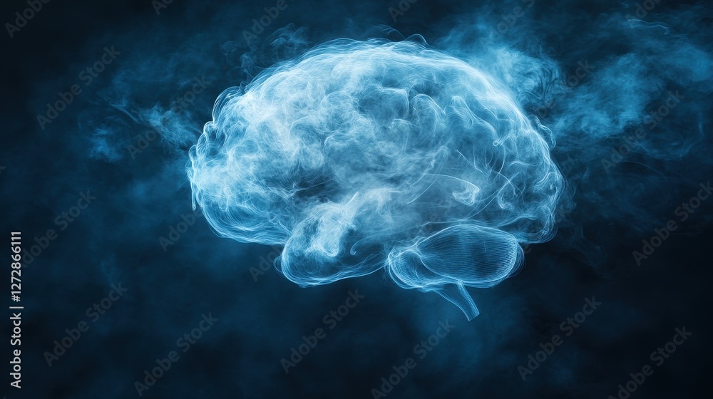 Ethereal Blue Brain with Wispy Smoke Effects on Dark Background Ethereal Blue Brain with Wispy Smoke Effects on Dark Background