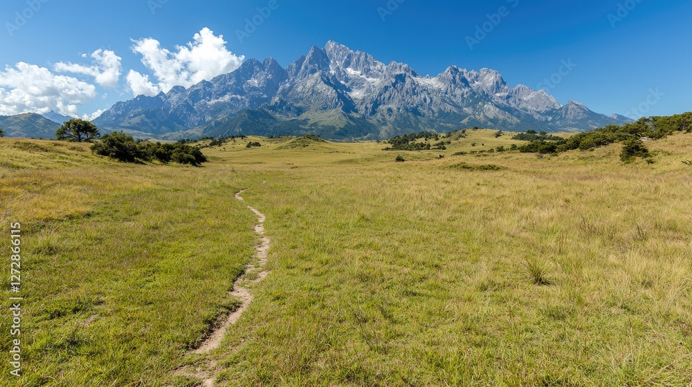 Fototapeta premium Mountain meadow path, scenic vista, summer hike