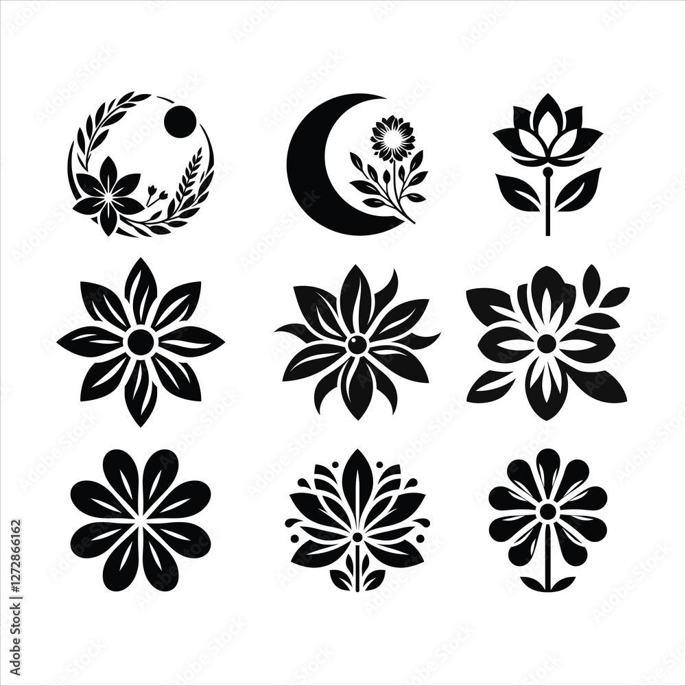 A set of black and white flower silhouette designs, logo design, flower logo, and icons bundle A set of black and white flower silhouette designs, logo design, flower logo, and icons bundle