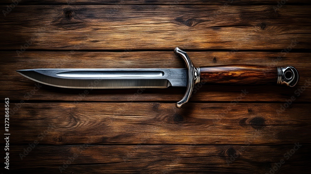 Sharp knife on rustic wooden table Sharp knife on rustic wooden table