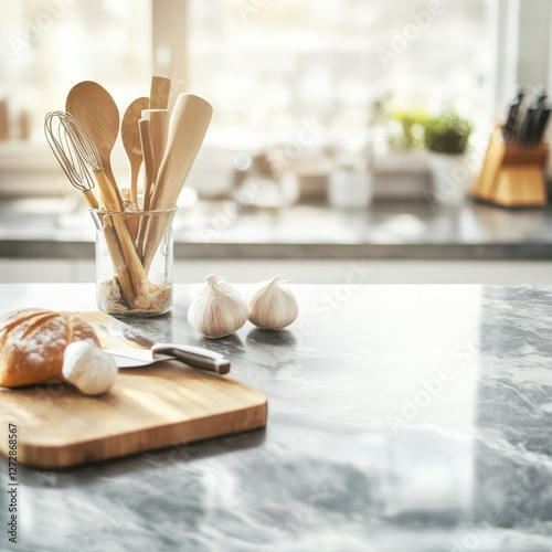 Kitchen Interior with Wooden Cooking Utensils, Fresh Garlic, and Fresh Baked Bread on Marble Counter in Bright Natural Light