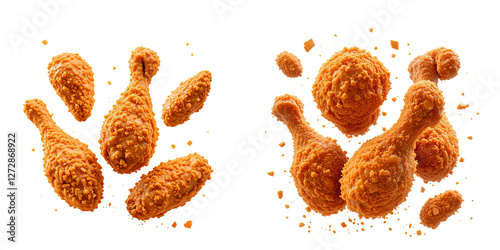 Two pieces of deep-fried chicken with a golden-brown crust and flying crumbs