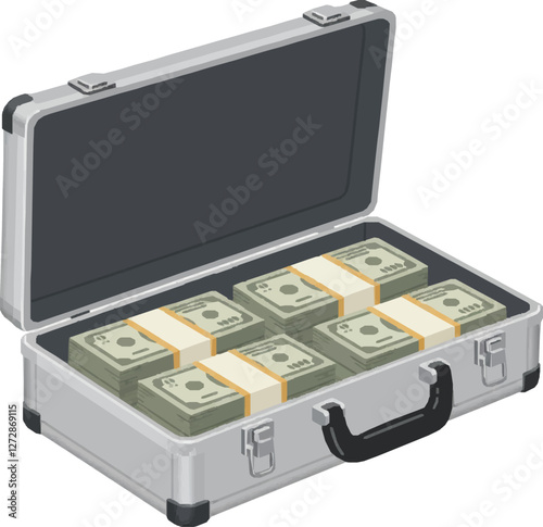 Briefcase Full of Money – Cash Stacks, Wealth, Business Deal, Financial Success, Banking, and High-Stakes Investment Illustration