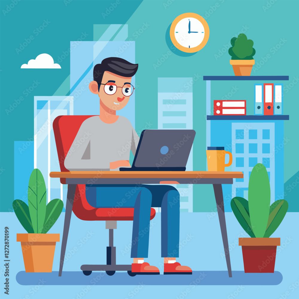 Fototapeta premium a boy is using his laptop vector