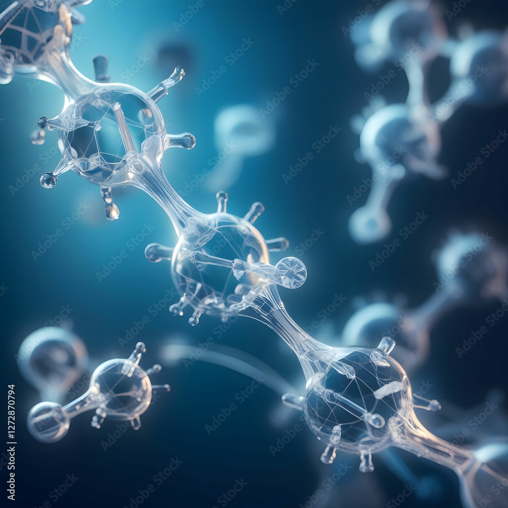 Obraz premium An abstract representation of transparent hydrogen molecules, interconnected in a sleek, geometric pattern on a vibrant blue background.