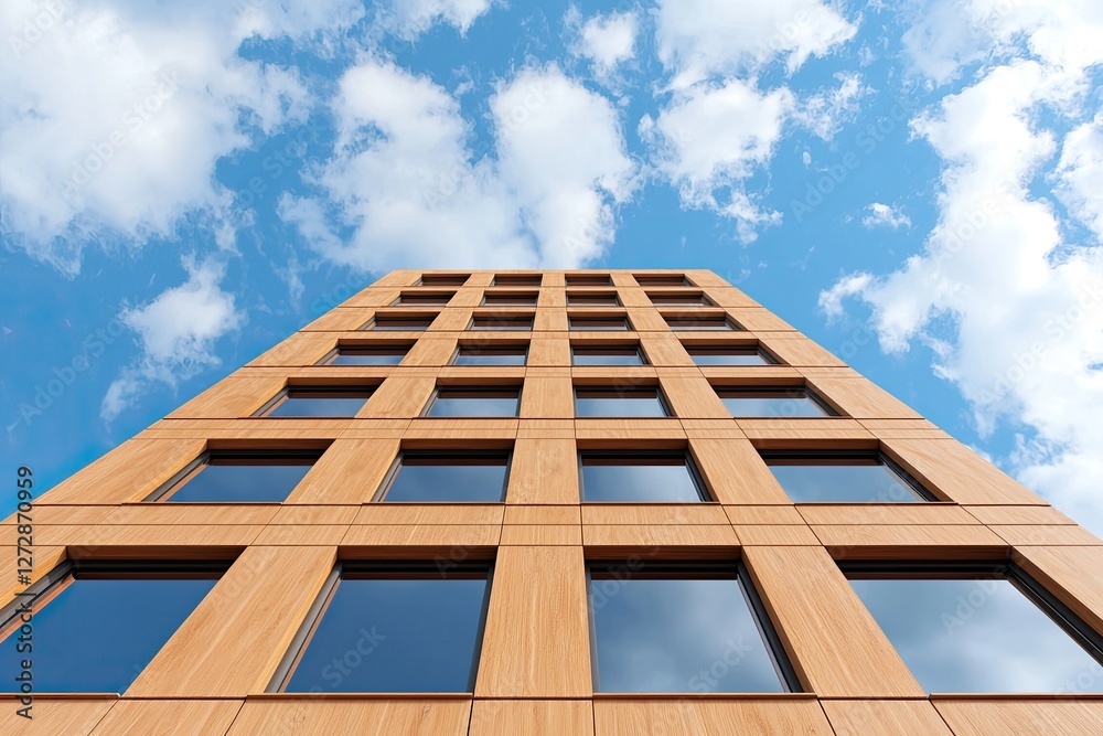 A modern wooden building rises against a blue sky adorned with fluffy clouds, showcasing large windows and a contemporary design. A modern wooden building rises against a blue sky adorned with fluffy clouds, showcasing large windows and a contemporary design.