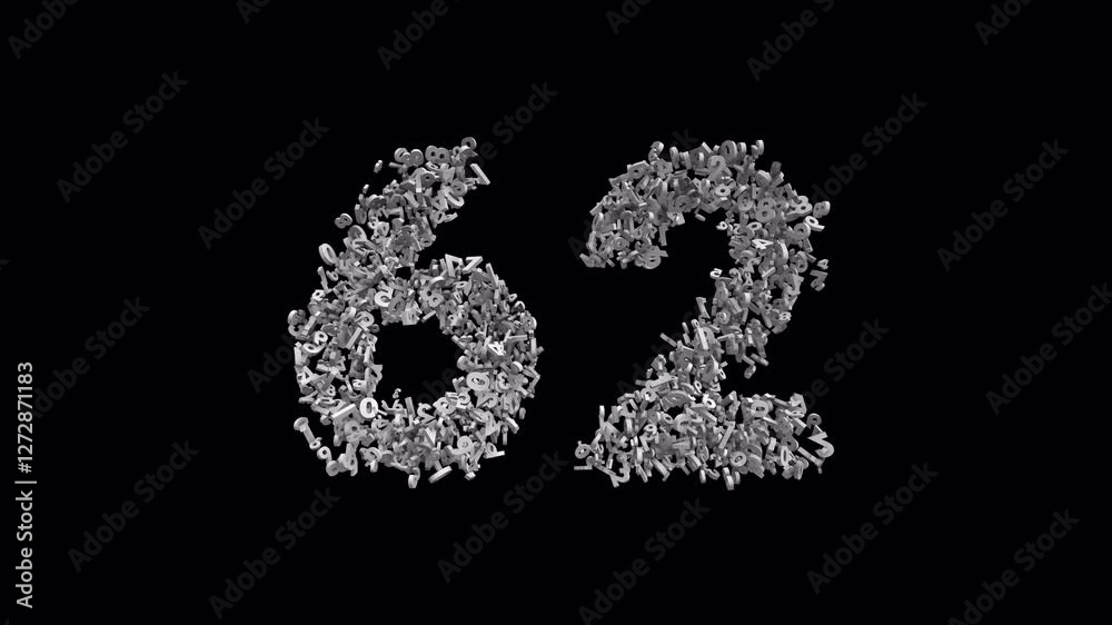 Number 62 Made of Numbers with Alpha Channel. 3D Font Number Animation. Transparent Background Number 62 Made of Numbers with Alpha Channel. 3D Font Number Animation. Transparent Background