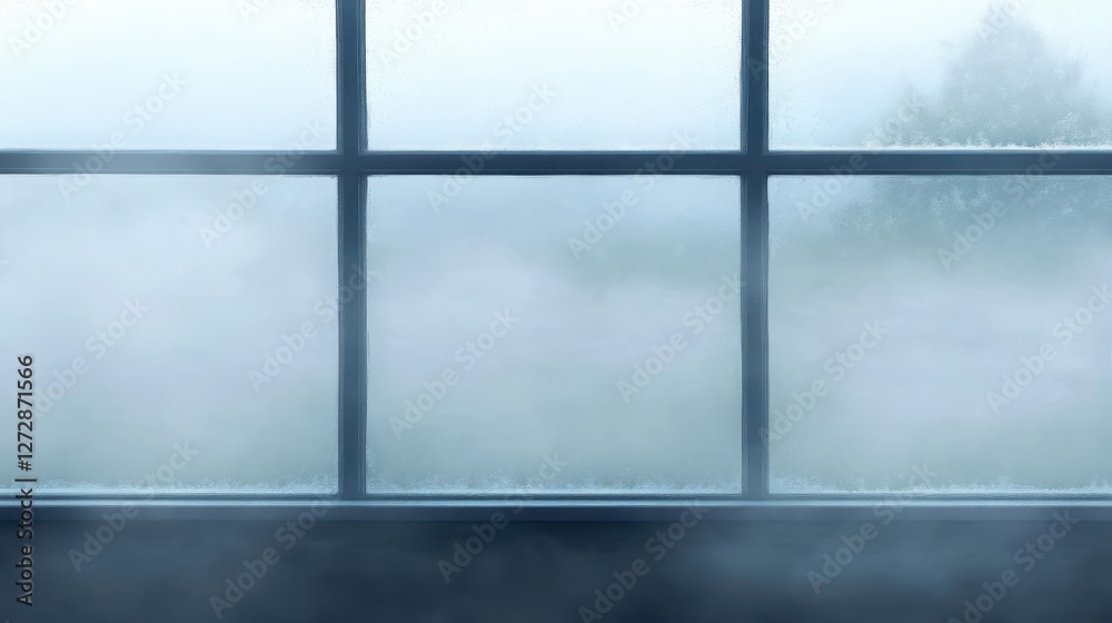 Fototapeta premium Serene Misty Landscape Through Foggy Window Pane in Soft Light