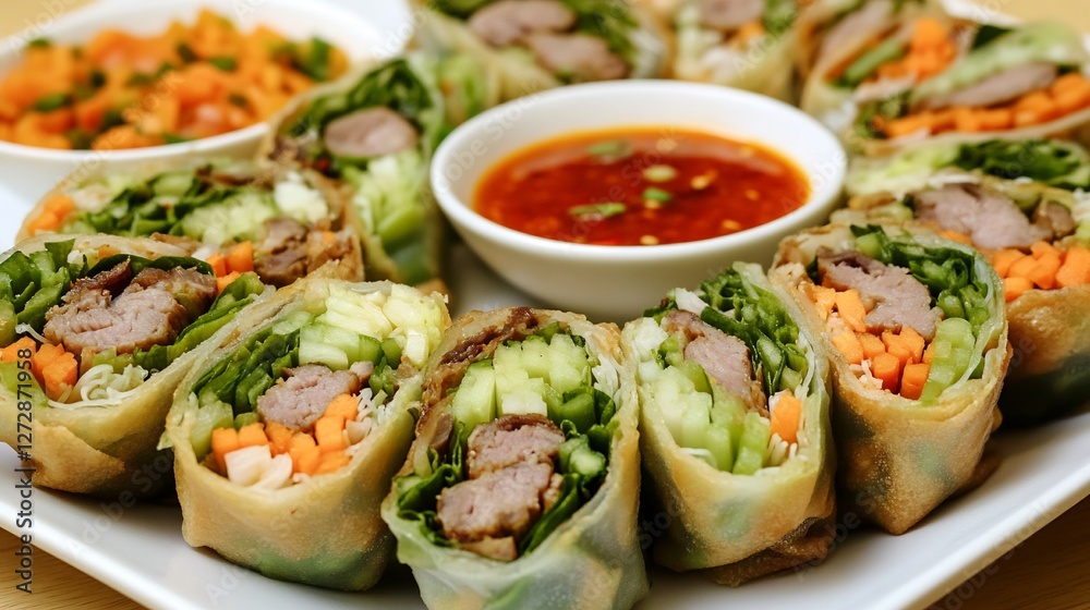Platter of crispy Chinese spring rolls cut reveal fresh vegetable and meat fillings served with sweet chili sauce Platter of crispy Chinese spring rolls cut reveal fresh vegetable and meat fillings served with sweet chili sauce