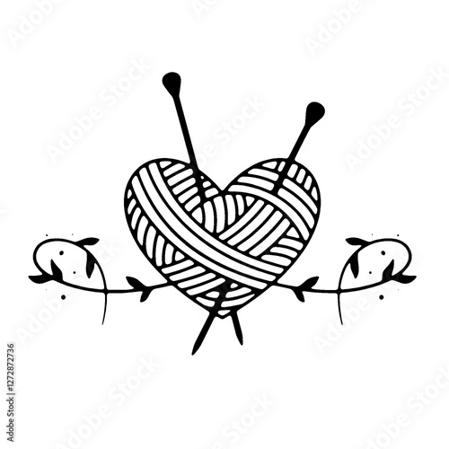 Artistic knitting needles and heart logo symbolizing handmade crafts, textile industries, knitting communities, and DIY fashion brands.
