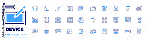 Device icon collection. Bold line style. Duotone colors. device, headphones, speakers, hydraulic jack, electronic cigarette, air pump, graphic tablet, total station, water heater, projector, laptop