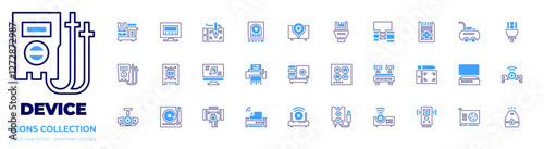 Device icon collection. Bold line style. Duotone colors. device, storage, projector, air compressor, shredder, kitchen hood, wifi, video card, leaf, smart tv, connectivity.