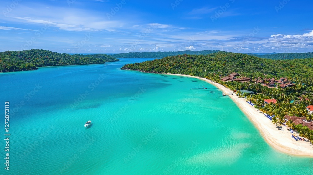 Fototapeta premium Aerial view reveals stunning tropical beach and azure waters