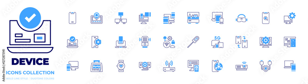 Device icon collection. Bold line style. Duotone colors. smartphone, electronics, ecg, devices, gps navigator, online booking, vr glasses, settings, vascular closure device, search, vital signs, iot Device icon collection. Bold line style. Duotone colors. smartphone, electronics, ecg, devices, gps navigator, online booking, vr glasses, settings, vascular closure device, search, vital signs, iot