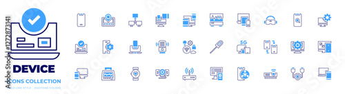 Device icon collection. Bold line style. Duotone colors. smartphone, electronics, ecg, devices, gps navigator, online booking, vr glasses, settings, vascular closure device, search, vital signs, iot