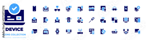 Device icon collection. Bold style. Duotone colors. smartphone, electronics, ecg, devices, gps navigator, online booking, vr glasses, settings, vascular closure device, search, vital signs, iot