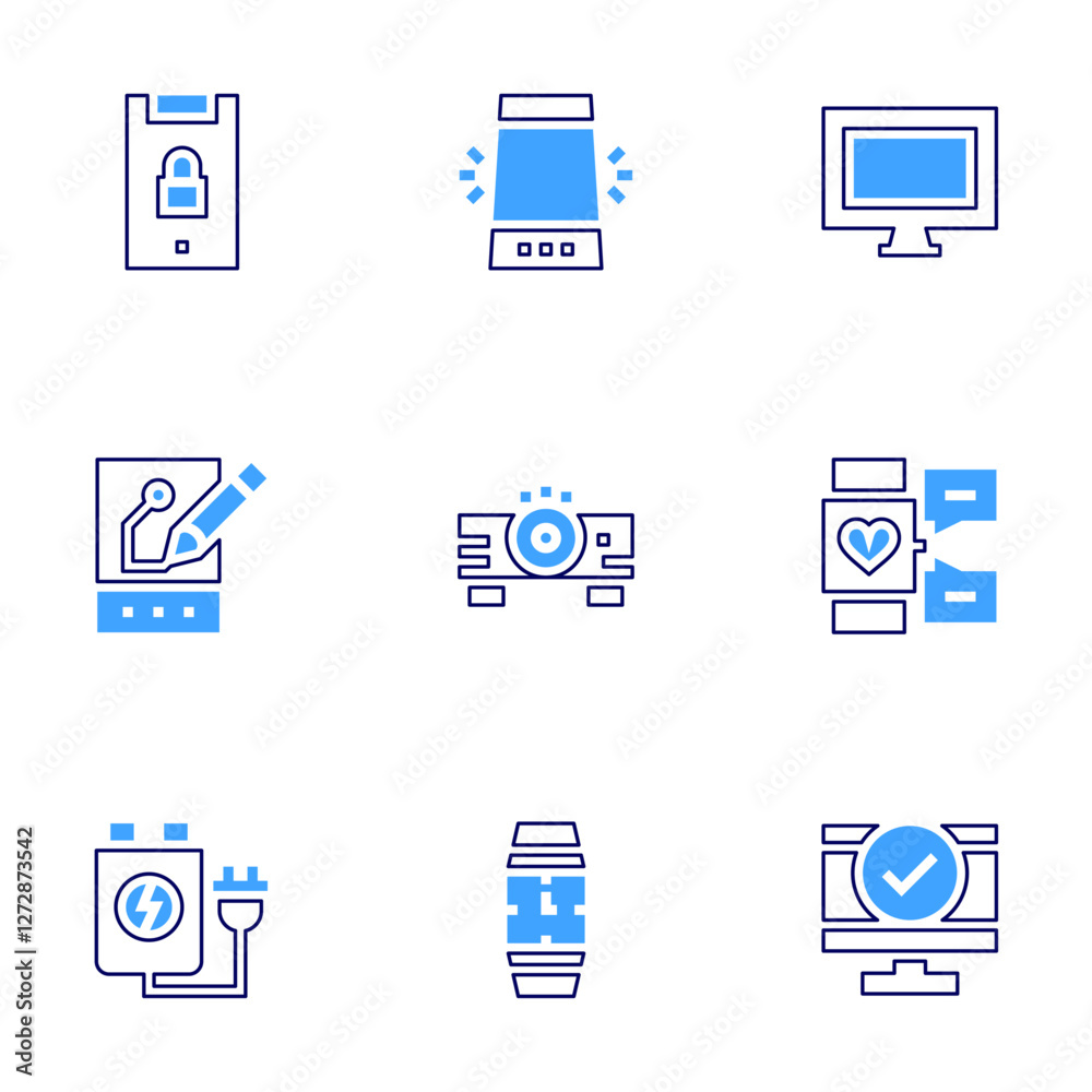 Device icon set. Bold line style. Duotone colors. Editable stroke. checked, locked, drawing tablet, rechargeable battery, voice assistant, projector, smartwatch, computer Device icon set. Bold line style. Duotone colors. Editable stroke. checked, locked, drawing tablet, rechargeable battery, voice assistant, projector, smartwatch, computer