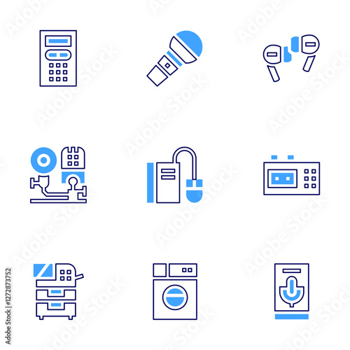 Device icon set. Bold line style. Duotone colors. Editable stroke. headphones, recorder, voice, alarm, pop, photocopier, host, washing machine, ebook