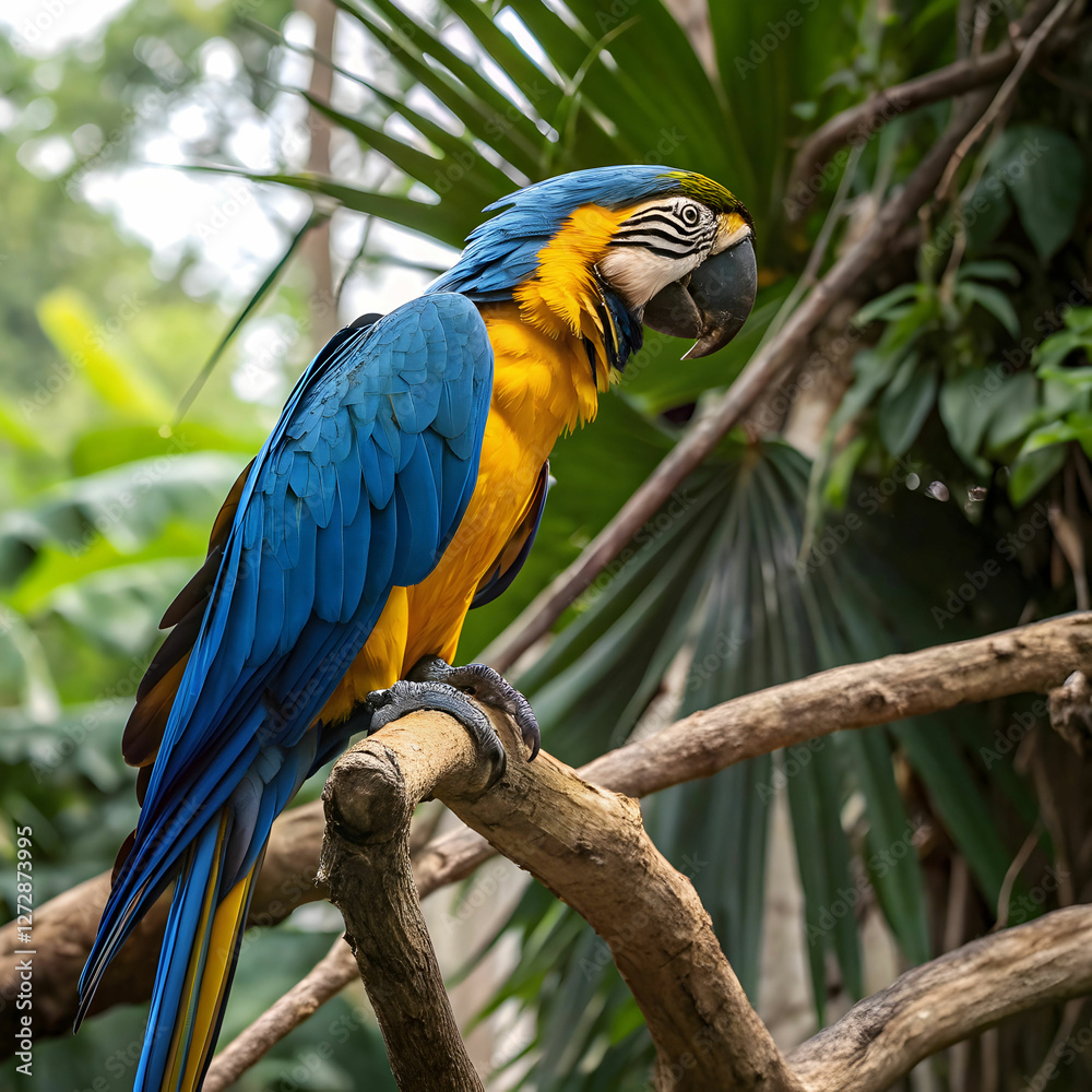 Fototapeta premium A stunning vibrant blue-and-yellow macaw with detailed feathers and lifelike textures.
