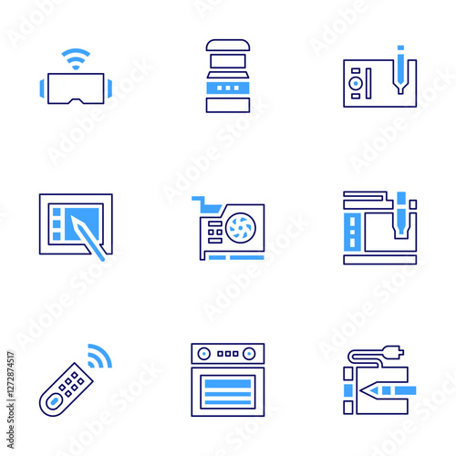 Device icon set. Bold line style. Duotone colors. Editable stroke. vr glasses, graphic tablet, remote control, arcade game, video card, oven, pen tablet