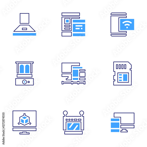 Device icon set. Bold line style. Duotone colors. Editable stroke. wifi, memory card, devices, extractor hood, food steamer, tablet, monitor, screens, oven