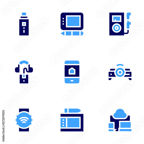 Device icon set. Bold style. Duotone colors. music player, projector, responsive, graphic tablet, smartphone, drawing tablet, nicotine, audio guide, smartwatch