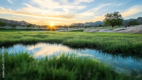 Serene sunset over a tranquil landscape with lush grass and a reflective pond, capturing the beauty of nature in a peaceful setting