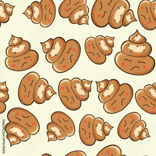 Seamless pattern with kawaii poop on color background. Cartoon poo, feces icons. Shit patterns, evil turd. Vector illustration for invitation, poster, card, fabric, textile. Doodle style.