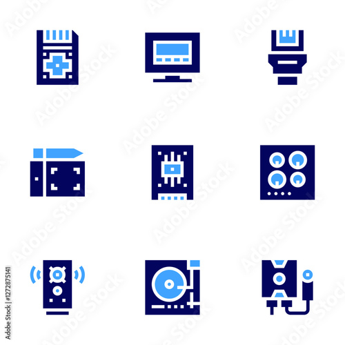 Device icon set. Bold style. Duotone colors. smart tv, ssd, turntable, graphic tablet, hob, water heater, speaker, sim card, network cable