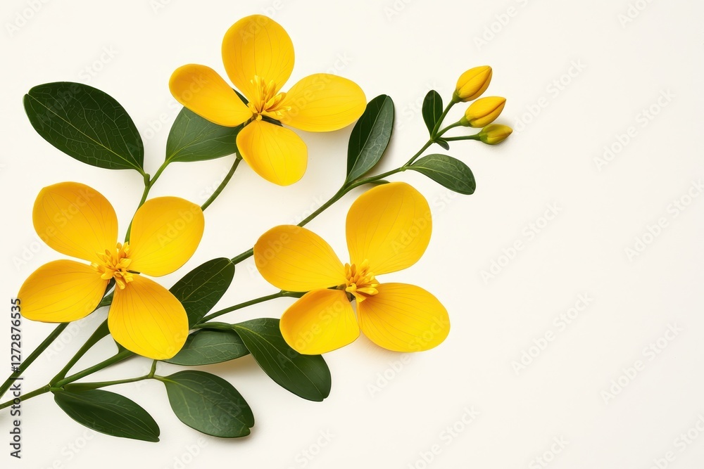 Obraz premium Radiant yellow flowers and verdant leaves on a pristine white canvas creating a serene botanical composition perfect for spring and summer themes