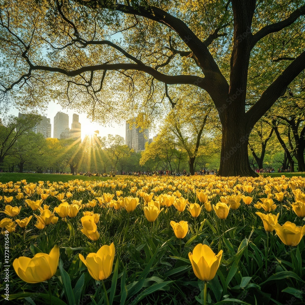 Obraz premium Serene Spring Sunrise in Central Park Featuring Vibrant Yellow Tulips Amidst Lush Greenery and Urban Landscape in Background
