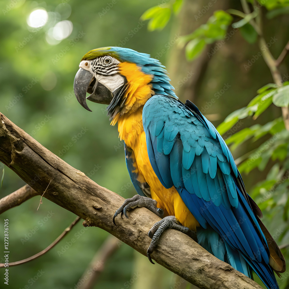 A stunning vibrant blue-and-yellow macaw with detailed feathers and lifelike textures. A stunning vibrant blue-and-yellow macaw with detailed feathers and lifelike textures.